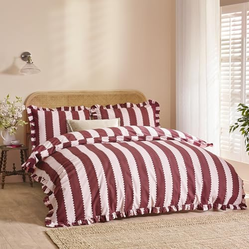 Wylder Birdie Stripe Bettbezug Set – Wendbar Gerüscht Baumwollreich Gestreift Bettwäsche (Burgunder/Blüte - 230x220cm)