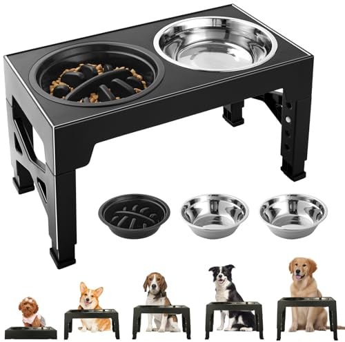 Gamelle pour Chien Surelevee et Réglable - 2 Bols en Acier Inoxydable (1200ml) + 1 Bol Anti-Glouton (800ml) - Support Gamelle Chien surélevée antidérapant pour Chiens de Taille Moyenne/Grande