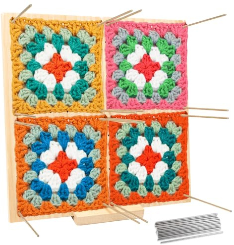 Pilikoll Blocco di Blocco per Granny Square 30cm per Piccole Parti a Maglia | Tappetino Lavorare a Maglia in Legno, con 30 Perni in Acciaio Inox, Blocchetto Quadrato in Legno