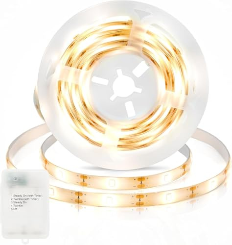 ZAIYW 1M LED Strip Batteriebetrieben, 30 LED Streifen Batterie 2835 SMD, 5 Modi Timer Wasserdichte Schneidbar Lichtleisten für Schlafzimmer Schrank Zuhause Party Dekor (Warmweiß)