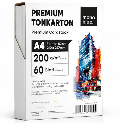 60 Blatt Papier 200g/m² Weiß Matt, PREMIUM PAPIER Reinweiß DIN A4-21 x 29,7 cm - Dicker Tonkarton zum Drucken für Laserdrucker & Tintenstrahl - Fotopapier - Beidseitig bedruckbar