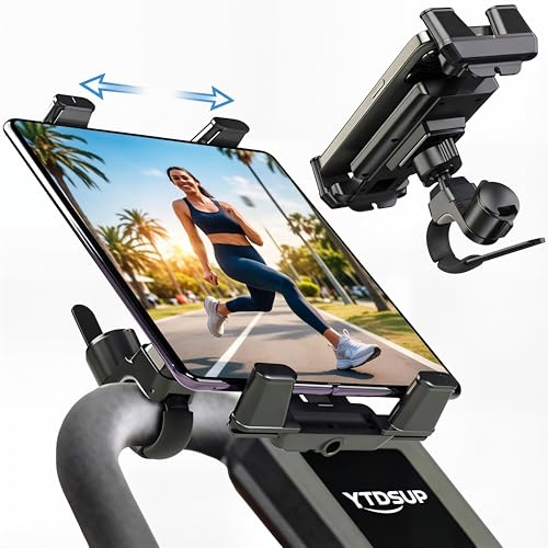 YTDSUP Tablet Holder Mount, 360°Adjustable iPad Mount for Car/Treadmill/Spin Bike/Stroller/Wheelchair/Golf Cart/Boat/Music/Mic Stand, for Most Handles & Phones/Tablets, Multi-Purpose, Upgrade (Black)