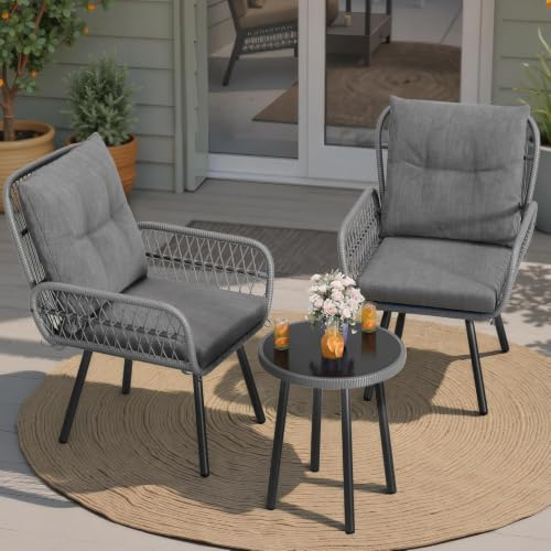 Blishom 3 teiliges Rattan Gartenmöbel, mit 2 Stühlen, 1 Tisch, Grau | Handgewebten Balkonmöbel-Set, 2 Stühlen mit Abnehmbar Sitzkissen, Glastischplatte, Stahl, für Balkon, Terrasse, Garten