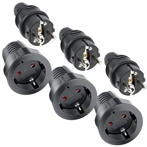 AXFEE 3x Enchufe Macho + 3x Clavija Enchufe Hembra, 250V 16A, Negro | Toma de corriente empotrada, enchufe de caucho IP44, duradero y resistente a los daños, para uso en interiores y exteriores