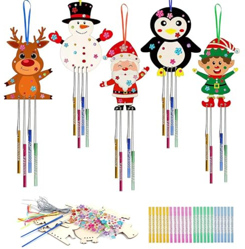 LEPZUR 5 Pcs Weihnachten Windspiel Bastelset Und 12 Pcs Weihnachtsbaum Holz Anhänger Kinder Basteln Windspiele Weihnachten Holz Klangspiele Diy Bastelhandwerk Zum Bemalen Weihnachtsbasteln