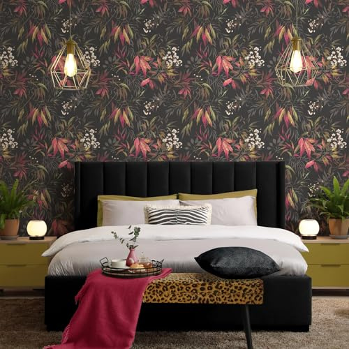 SOPHIE LAURENCE Charcoal Pink Leaf Wallpaper Botanical Black and Teal Feature Wall Design Luxury Modern Nature Pattern for Lounge, Bedroom, or Living Room Decor 10M x 0.53M