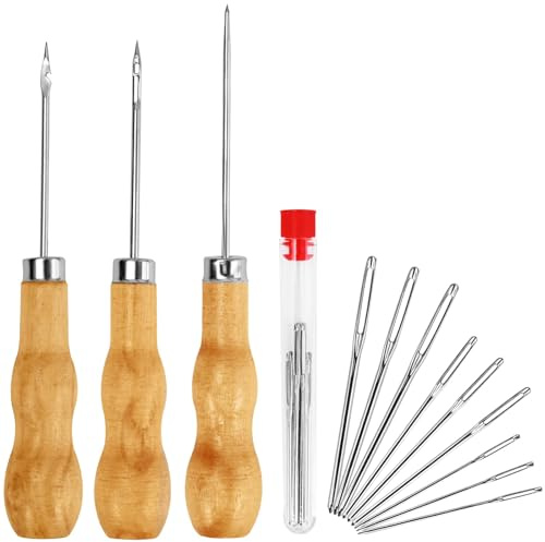 CONJURAIDE 1 Stück Ahle Werkzeug, 3 Ahle 9 Nadeln Nähen Prickelnadel Lederwerkzeug mit Holzgriff Leder Nähset Ledernadel Nähen Spicknadel Lochstecher Nähnadeln für Leder Handwerkzeug Lederverarbeitung