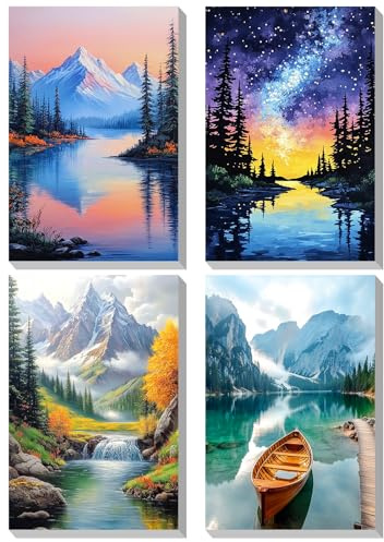 KEYIFA 4 Pack Peinture Numero avec Cadre Adultes, Paysage de montagne Painting by Numbers Kits Débutants, DIY Toile Peinture Numero Art Loisirs Créatifs Adultes, Décoration Intérieure Maison