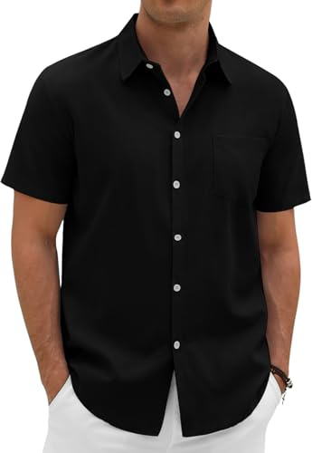 Xnova Mens Linen Cotton Shirts Summer Short Sleeve Shirt for Men Adult Regular Fit Beach Shirt with Pocket Casual Smart Button Down Tops for Holiday Work, Black, XXL