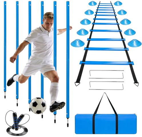 Lnopever Slalomstangen Fussball Trainingsset Set Slalom Poles 6 Slalom Stangen mit Koordinationsleiter 6m