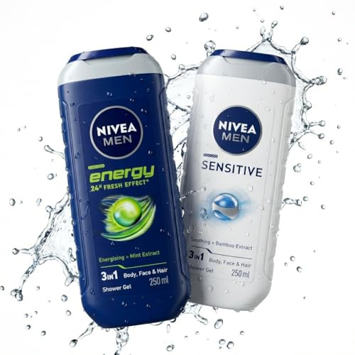 NIVEA MEN Shower Gel Twin Pack, Energy & Sensitive 3-in-1 Body Face & Hair Wash for Men, Caring Daily Shower Gel Set, 2 x 250ml