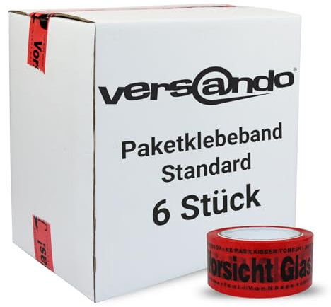 versando 6x Packband Vorsicht Glas rot 66m Klebeband zum Verpacken von Paketen + Kartons - starke Klebekraft 6 Rollen