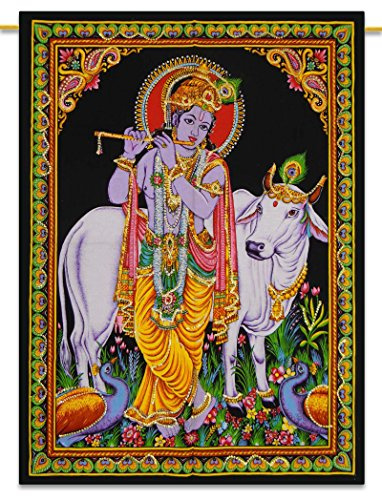 Lord Krishna Indian Decor Cotton Tapestry Poster Size Black Wandbehang 42 x 30