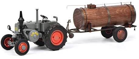 Schuco 450769400 - Lanz Bulldog mit Güllefaß, Bulldog (Die - Cast) und Fassanhänger (Holz/Lasercut), Modellauto, 1:32, semi - matt grau