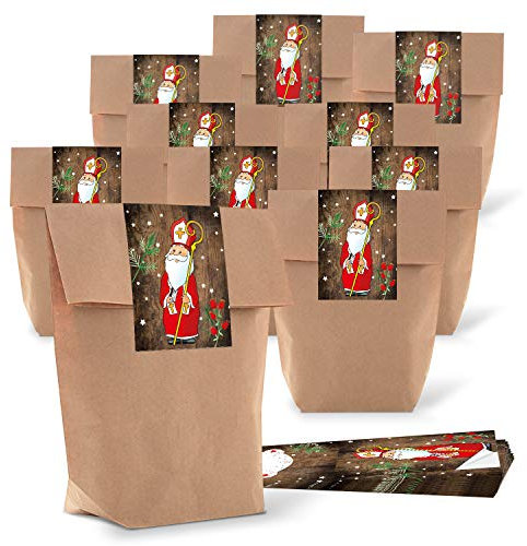 Logbuch-Verlag 25 Nikolaus Beutel Tüte Geschenktüten Papier 16,5 x 26 x 6,5 cm mit Aufkleber Weihnachtstüte Kraftpapier