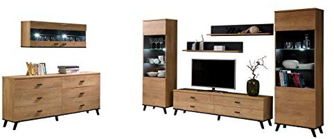 Wohnzimmer-set John I, Anbauwand, 2x Vitrine, Kommode, TV-Lowboard, Hängeschrank, 2x Wandregal, Wohnzimmerschrank, Schrankwand, Top-Qualität Wohnwand (Eiche Lefkas / Schwarz, mit LED-Beleuchtung)