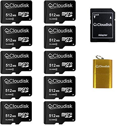 Cloudisk 10 Pack Micro SD Card with MicroSD Adapter Card Reader Memory Card (10Pack 512MB)