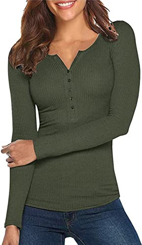 Damen Shirt Langarm V-Ausschnitt Basic Oberteile Button Casual Pullover Einfarbig Langarmshirt(Armeegrün,X-Small)