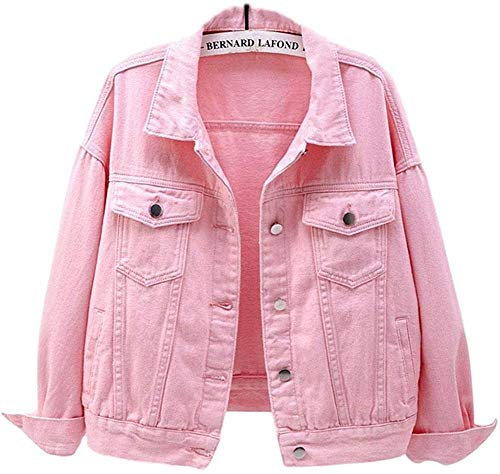 Lazutom Veste en jean basique boutonnée à manches longues pour femme, rose, 40