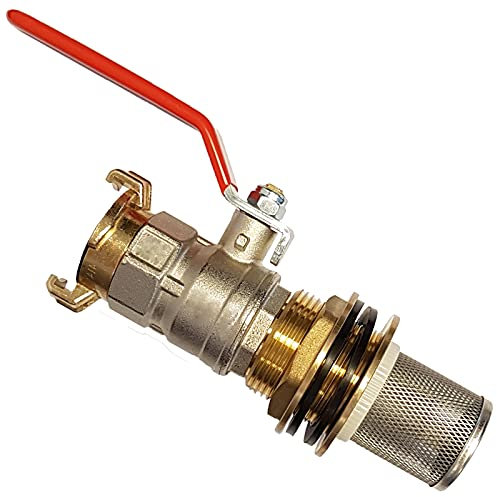 QUALITÄTS Regentonnendurchführung aus Messing Verschraubung Faßverschraubung > Ausführung auswählen >>> Kugelhahn + Filter + Schnellkupplung | 42mm Klauenweite | Loch Regentonne 27mm | IG Hahn 1/2