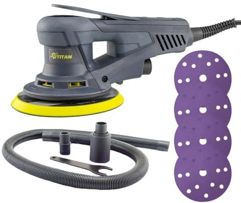 Titan PESM5-150 - Exzenterschleifer mit 5mm Hub – Elektrisches Profi Schleifwerkzeug - EC-Motor - Schleifen ohne Staub – Inkl. Schleifpapier & Absaugadapter - Bürstenloser Motor - Starter Kit