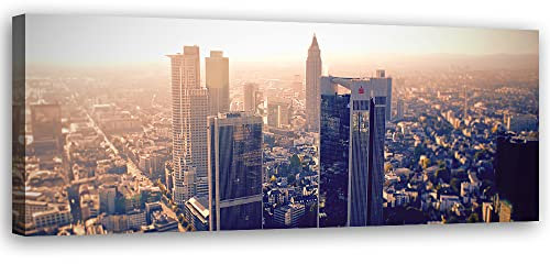 Feeby Vlies Leinwandbild Skyline Frankfurt am Main Deutschland 150x50 cm Wanddeko Design Kunstdruck Zimmerdeko Bilderwand Wolkenkratzer Abstrakt Beige