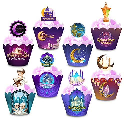 48pcs Ramadan Cupcake Toppers and Wrappers,Cupcake Decoration - Eid Mubarak Cupcake Wrappers Picks Liners, Cute Hand Cake Decorations Supplies for Islamic Muslim Party