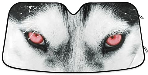 Windschutzscheiben-Sonnenschutz für Auto, rote Augen, Husky, Hund, faltbar, blockiert UV-Strahlen, hält das Fahrzeug kühl