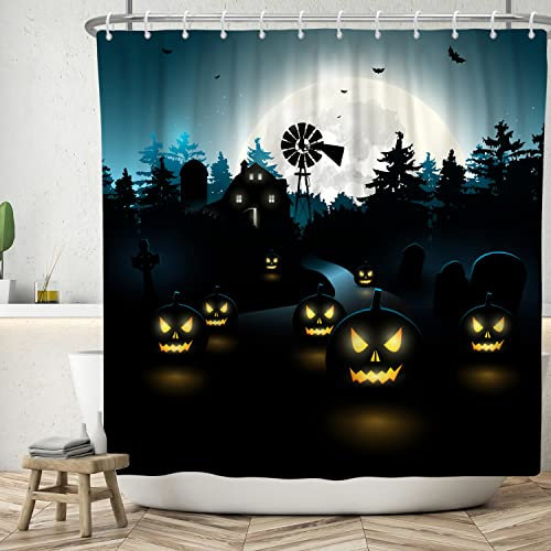 Bovlleetd 180x200 cm Tenda da Doccia di Halloween Horror Notte Tomba Tende da Doccia Zucca Malvagia Tenda da Bagno Foresta Oscura Impermeabile Vasca Decor Tenda