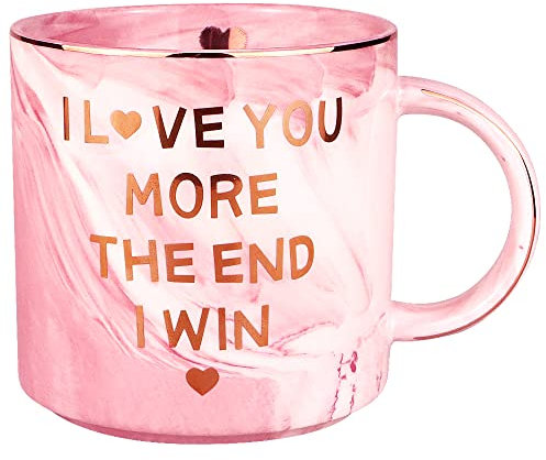 Quimoy Valentines Day Gifts for Her - I Love You More The End I Win Mug, Birthday Mothers Day Gifts for Women, Bestie, Girlfriend, Wife, Friends - Pink Marble Cup for Graduation,Anniversary-12 Ounces