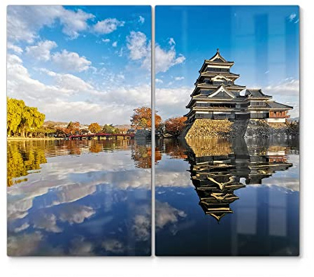 DEQORI Herdabdeckplatten Glas | 2er Set 60x52 cm | Motiv Schloss Matsumoto, Japan | Ceranfeld Abdeckplatten in Küche | Herd-Abdeckungen universal | Glasplatten & Schneidebretter für Kochplatte