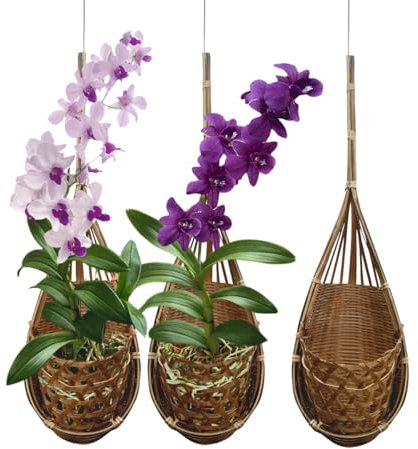 PANWA Handmade 100% Thai Bamboo Woven 4 Inch Hanging Orchid Basket - Set of 3 Multi-Purpose Bird Nest Style Plant Hangers for Gazebo - Indoor/Outdoor Flower Planter (Natural Brown)