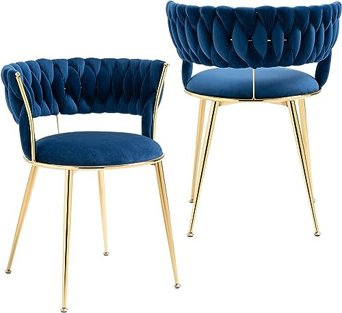 SUPPNEED Lot de 2 chaises de salle à manger rembourrées en velours avec dossier tissé et pieds en métal doré pour salle à manger, salon, cuisine (bleu)