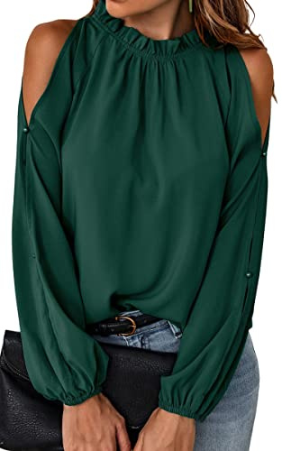 Toplop Womens Cold Shoulder Blouse Long Sleeve - Ruffle Neckline Tunic Top, Casual Elegant Shirt for Work Office Party