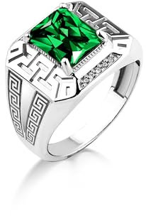 BySilverStone Jewelry Griechisches Muster Mit Smaragd-Stein-Herren-Silberring, Sterling-Silber-Grün-Smaragd-Herren-Ring Für Den Alltag, Filigraner Herren-Grün-Jade-Stein-Ring