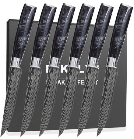 Fzkaly Steak Knives, Set of 6, Black Resin Handle Steak Knife, 5 Sharp Rust-Proof Stainless Steel Serrated Edge and Full Tang