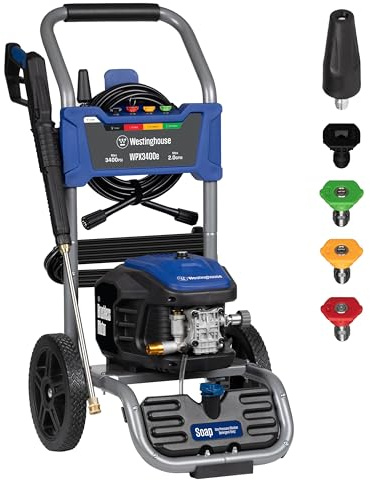 Westinghouse Lavadora de presión eléctrica WPX3400e, 3400 Max PSI and 2.0 Max GPM, motor sin escobillas, tanque de jabón a bordo, pistola de spray y varilla, juego de 5 boquillas, para coches/cercasas