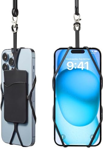 Kinizuxi 2 Packs Tour de Cou Telephone avec Poche Pour Cartes, Silicone Universelle Cordon Telephone Portable Collier de Longe Compatibles avec Plupart des Smartphones-Noir