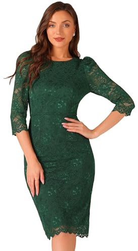 Allegra K Women's Elegant Lace Floral Midi Dresses Crew Neck 3/4 Sleeve Bodycon Wedding Guest Cocktail Dress Dark Green S