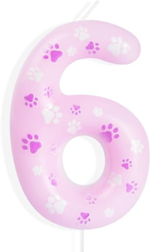 Yiran Dog Paw Number 6 Pink Birthday Candles,Happy Birthday Candle,Dog Paw Patrol Themed 6th Birthday Candles for Boy Girl Dog Paw Birthday Decoration Party Supplies