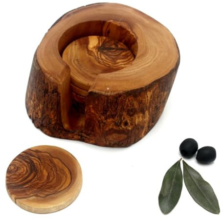 DAGDEG Posavasos rústicos con soporte de madera de olivo, juego de 6 unidades, tapas de cerveza, posavasos, posavasos decorativos de madera, diámetro aprox. 10 – 12 cm, hechos a mano (vasos rústicos)