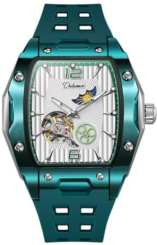 FORSINING Männer Automatikuhr Silikonarmband Casual Skelett Dial Moon Phase Tourbillon Mechanische Armbanduhr für Herren Mode Geschäft, Grün