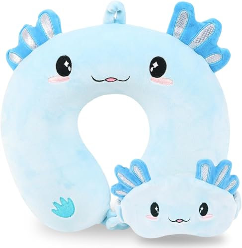 MissSoul Reisekissen, Kinder-Reisekissen mit Schlaf-Augenmaske, weiches Memory-Schaum-Nackenkissen für Kinder, Jungen & Mädchen, Teenager, Reisezubehör für Flugzeug - Blaues Axolotl Nackenkissen