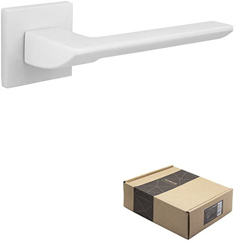 APECS Maniglia per porte interne, moderna, per porta di casa e porta interna, con rosette quadrate, colore bianco opaco, maniglia con materiale di fissaggio per porta, modello ELECTRA