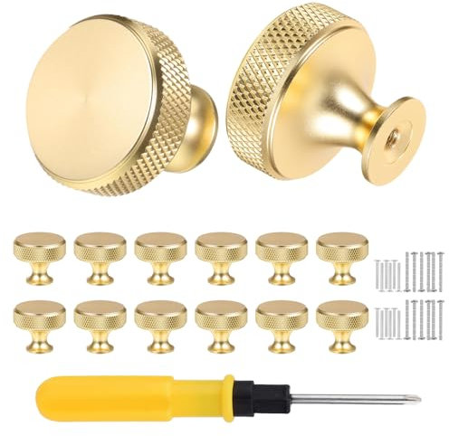 VEGCOO 12 Pack Single Hole Gold Cabinet Knobs With Screws, Round Knurled Metal Wardrobe Drawer Handles for Cupboard, Dresser