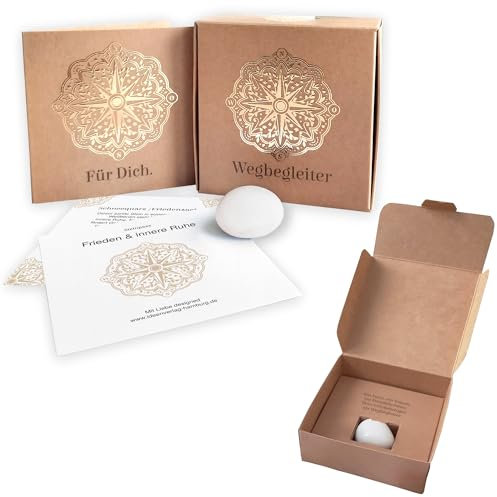 Frieden & innere Ruhe Wegbegleiter XL Halbedelstein Schneequarz/Friedensachat inkl. Geschenkverpackung + Geschenkkarte/Naturstein als Glücksbringer und Handschmeichler/Glücksstein