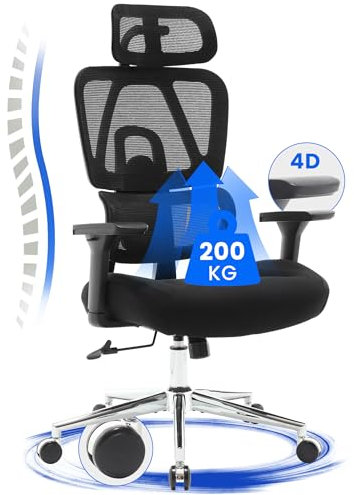 Fantasylab 3D Ergonomischer Bürostuhl 200KG Großer und hoher Bürostuhl mit 3D Weiches Kissen 4D Armlehnen Schreibtischstuhl Mesh Bürostuhl für Haus und Büro Atmungsaktiver Netz-Chefsessel