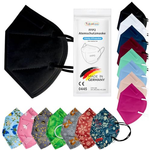 TubeRoo FFP2 Maske Schwarz 100 Stück Masken aus Deutschland, Made in Germany, weiche runde Ohrschlaufen Bänder, Atemschutzmaske, Mundschutz, Schutzmaske, Staubmaske, Feinstaubmaske, Allergie Pollen