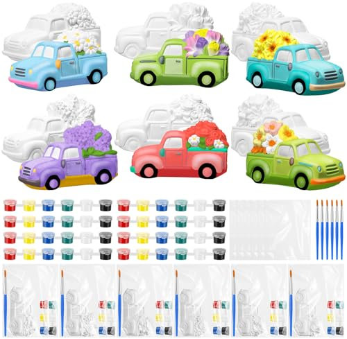 JellyArch Lot de 6 kits de peinture de printemps en céramique 3D avec fleurs pour peindre votre propre camion avec marguerite tournesol tulipe statues plâtre non peint avec sac de peinture pour adulte