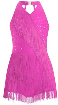 Alvivi Abito da Ballo Latino Americano Bambina Frange Body Balletto con Strass Vestito da Ballo Moderno Danza Classica Body Ginnastica Ritmica Dancewear Rosa caldo 15-16 anni